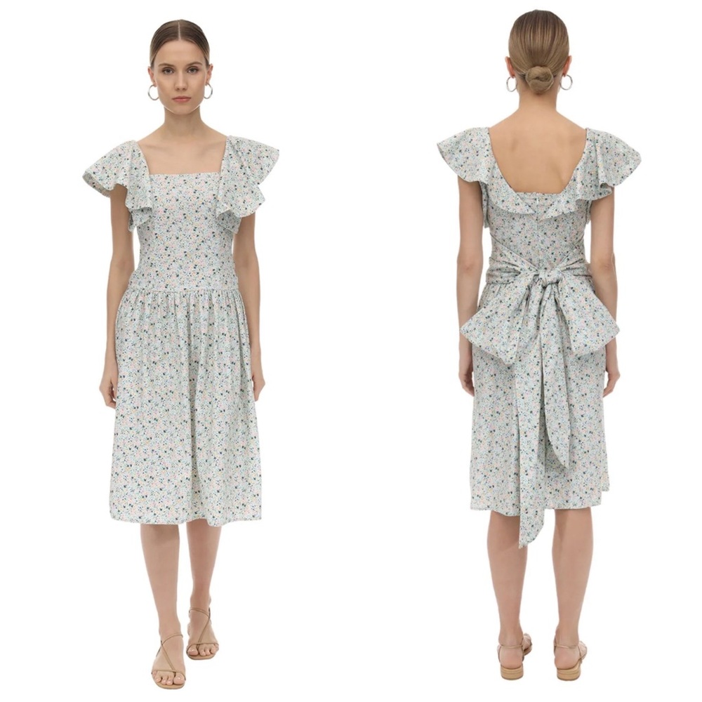 Batsheva Wing-Shoulder Bow Dress in Blue Micro Floral NWT